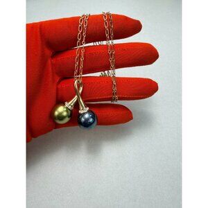 Gold Tone Double Pearl Drop Pendant Necklace Peacock Green Statement